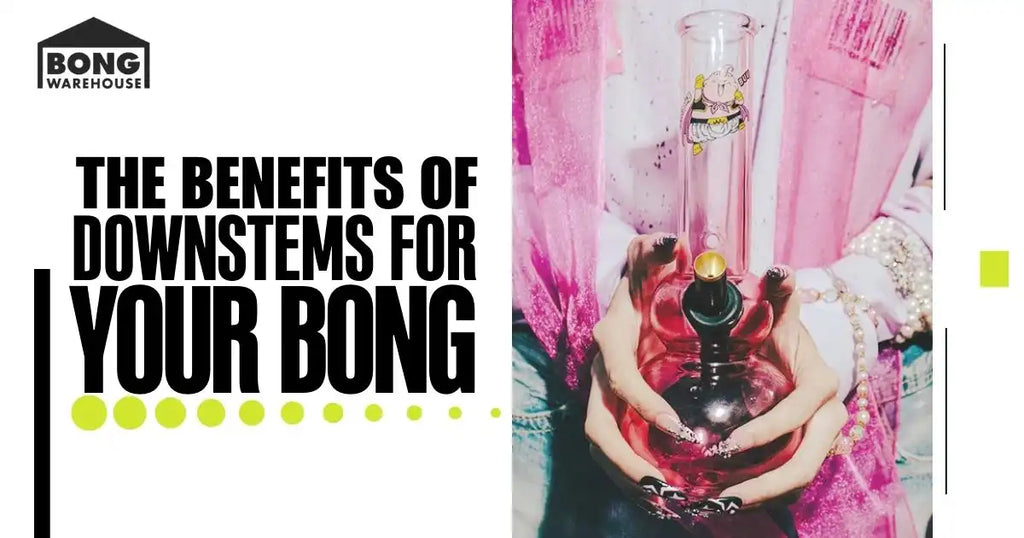 Promotional image for Bong Warehouse showing benefits of downstems with a pink bong design.