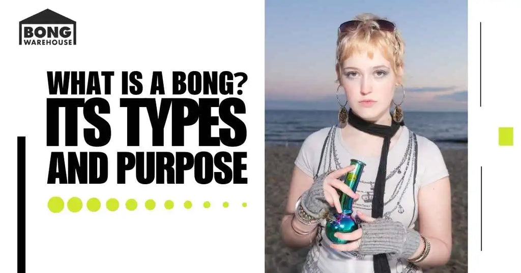 Woman holding a colorful bong on a beach at sunset, promoting bong types and uses.