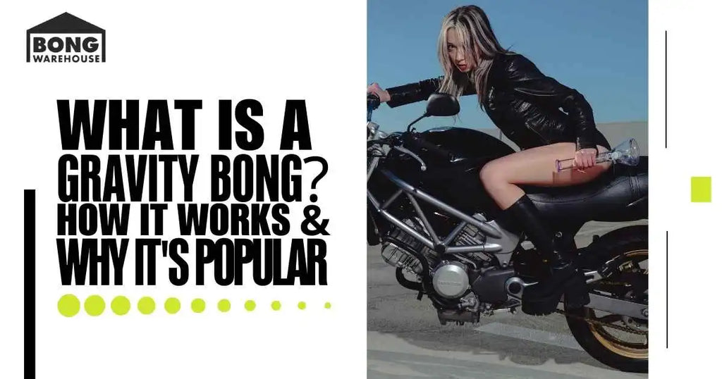 Person on a motorcycle with a gravity bong, showcasing its use and popularity.