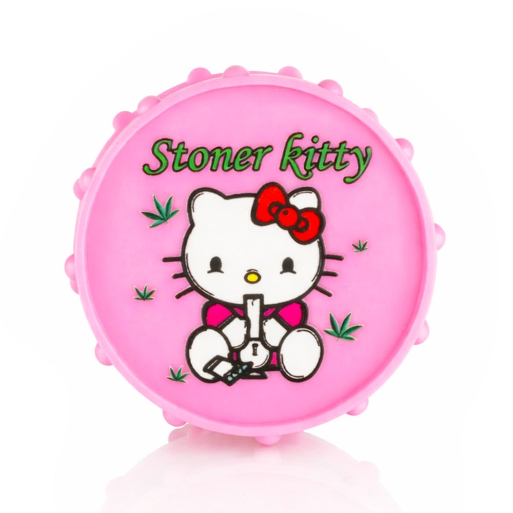 BW Plastic Weed Grinder Round 70mm - Pink Stoner Kitty with 'Stoner Kitty' text and cartoon character on a white background