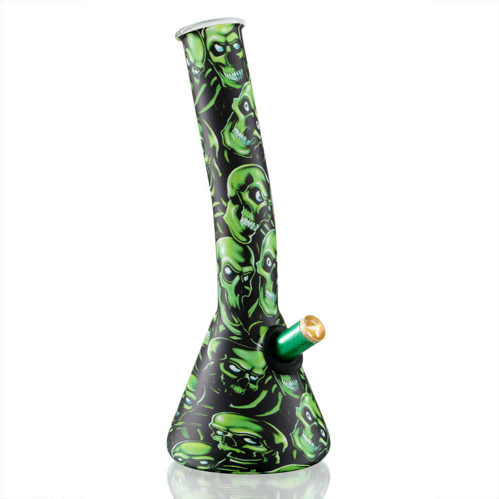 Bent Neck Beaker 27cm Glass Bong - Green Skull Pattern side