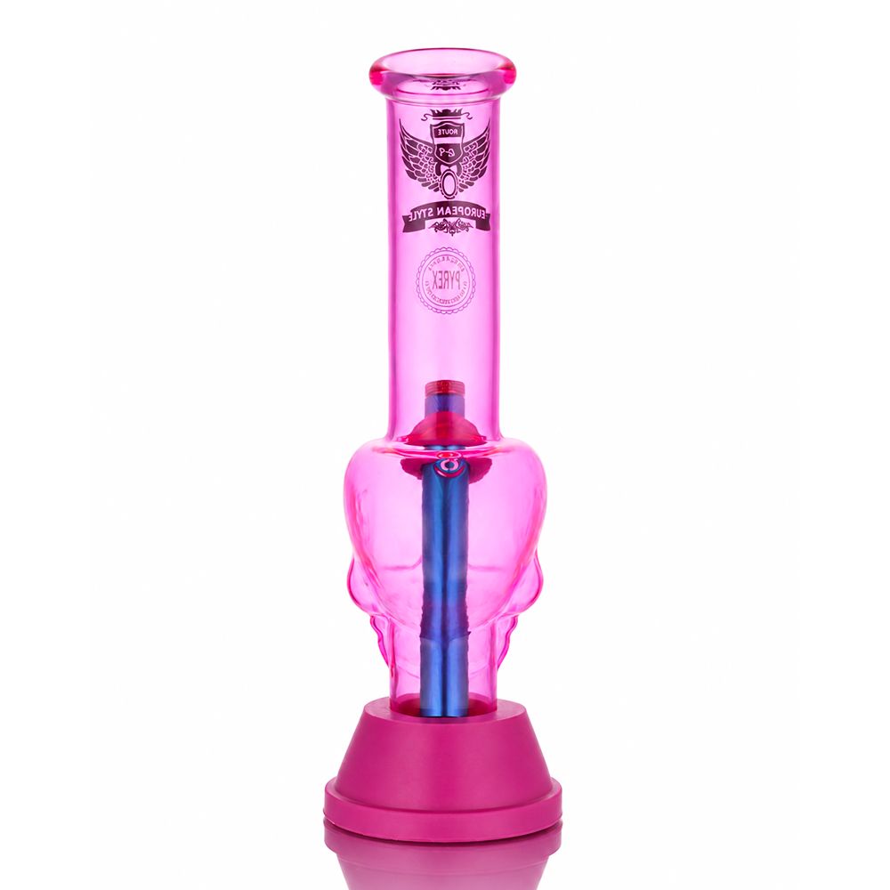 Bong Warehouse Pink 3D skull glass bong 27cm with blue stem full back view