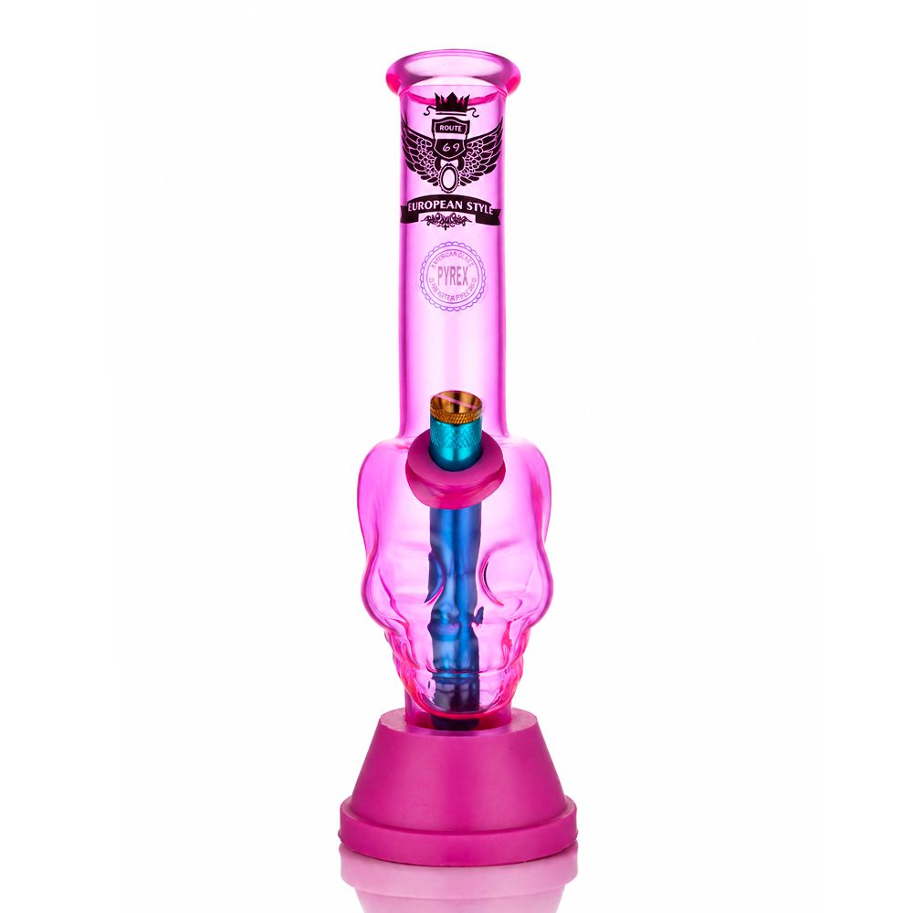 Bong Warehouse Pink 3D skull glass bong with blue stem European Style Pyrex full view