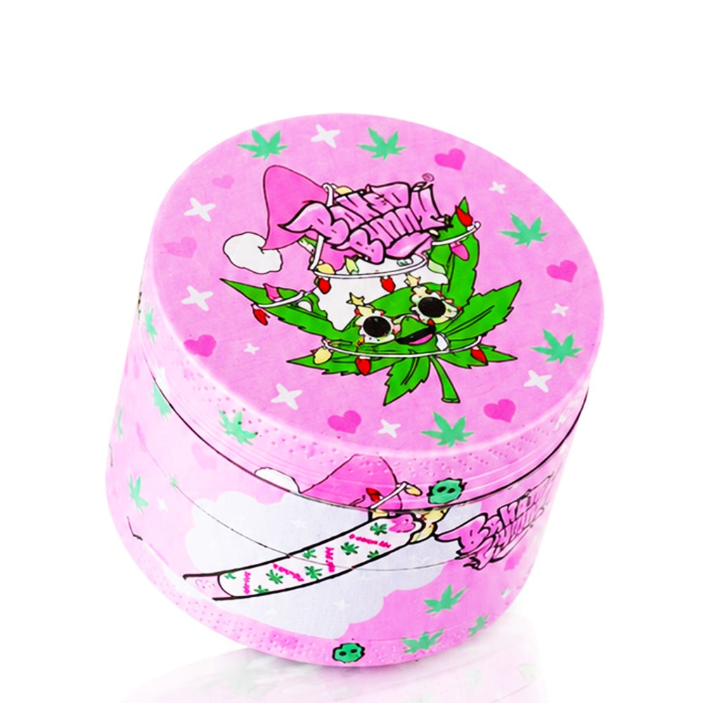 Side view of pink Christmas cannabis grinder closed – Santa hat weed leaf character, festive pink smoker gift, Christmas stoner aesthetic, cute holiday herb grinder