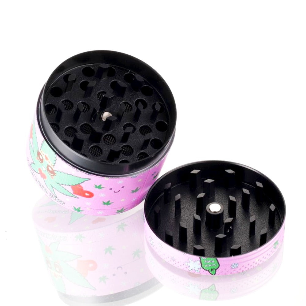 Open pink metal herb grinder showing precision cast teeth – cute kawaii weed grinder interior, princess pink stoner aesthetic, diva smoking kit, pretty grinder for girls