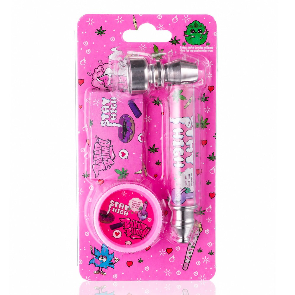 Baked Bunny Stay High pink pipe kit from Bong Warehouse in its hanging blister pack, front view