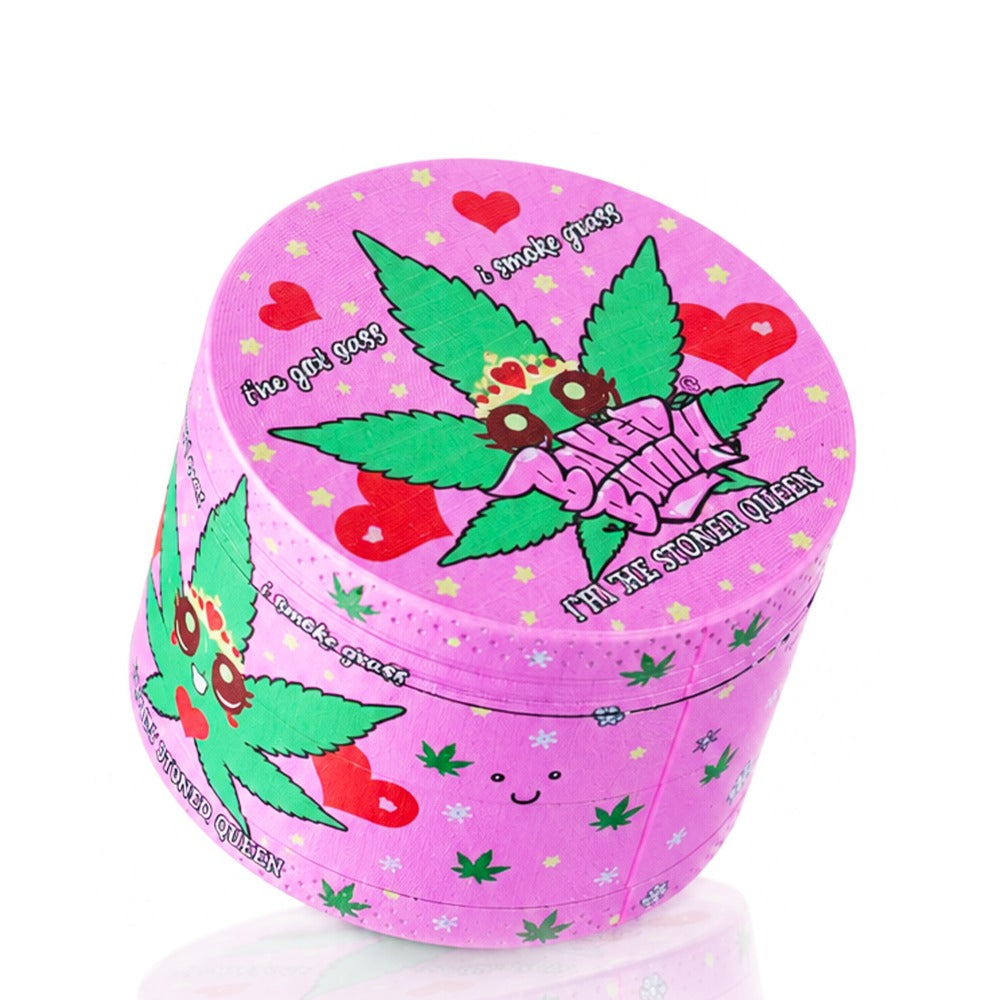 Top angle of Stoner Queen pink weed grinder with sunglasses cannabis leaf design – girl boss stoner, fierce pink accessory, pop art herb grinder, glam stash kit