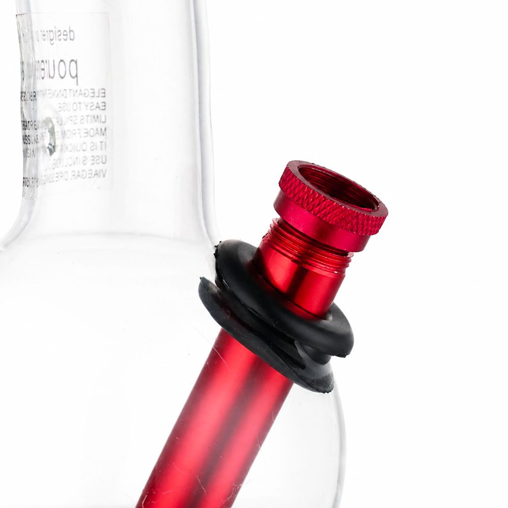 Clear 27cm bent neck bubble glass bong with close view of red stem and bowl