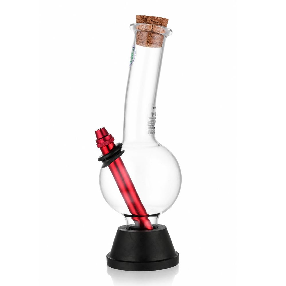 Clear 27cm bent neck bubble glass bong with red stem and cork plug side view
