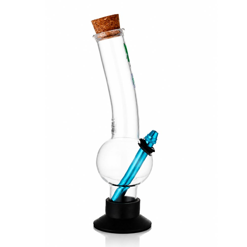 Clear 31cm bent neck bubble glass bong with blue stem and cork plug