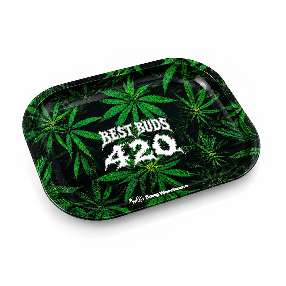 Best Buds 420 green cannabis leaf metal rolling tray from Bong Warehouse, angled view