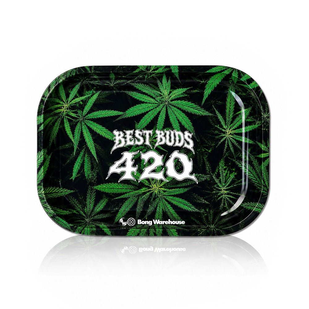 Best Buds 420 green cannabis leaf metal rolling tray from Bong Warehouse, top view
