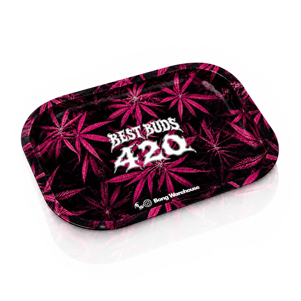 Best Buds 420 pink cannabis leaf metal rolling tray from Bong Warehouse, angled view