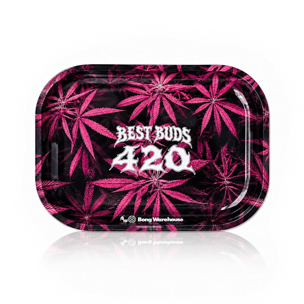 Best Buds 420 pink cannabis leaf metal rolling tray from Bong Warehouse, top view