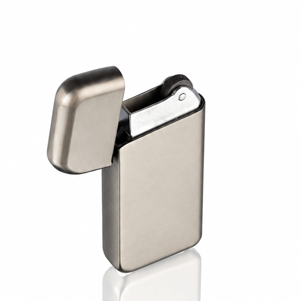 Gunmetal grey brushed metal refillable flip-top lighter, open angled view | Bong Warehouse