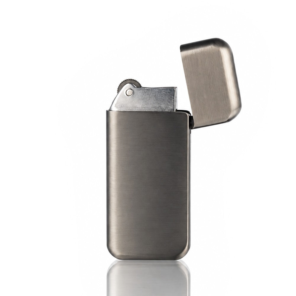 Gunmetal grey brushed metal flip-top lighter with lid open, side view | Bong Warehouse