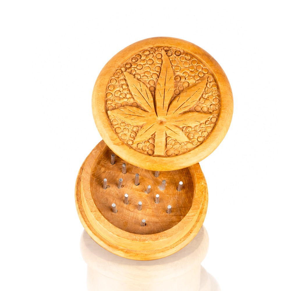 BW Carved Leaf Natural Wooden Hand Grinder Open Lid View