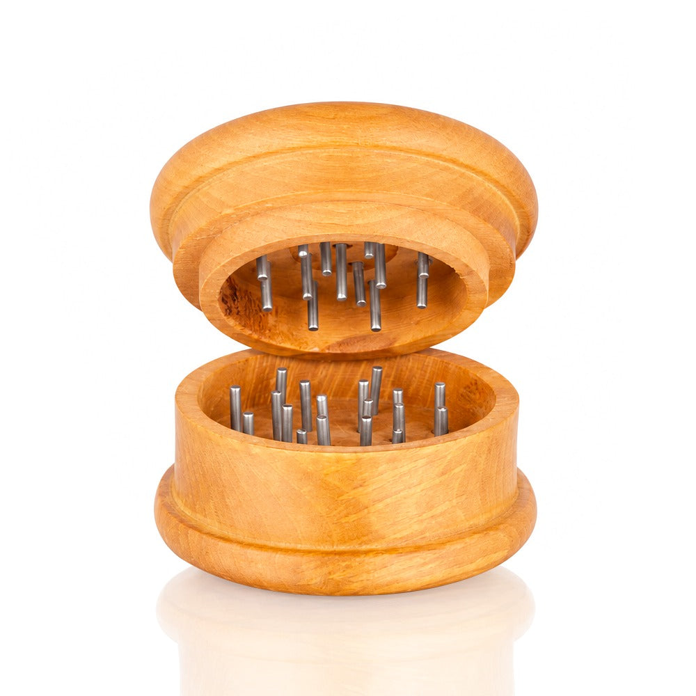 BW Carved Leaf Natural Wooden Hand Grinder Open View