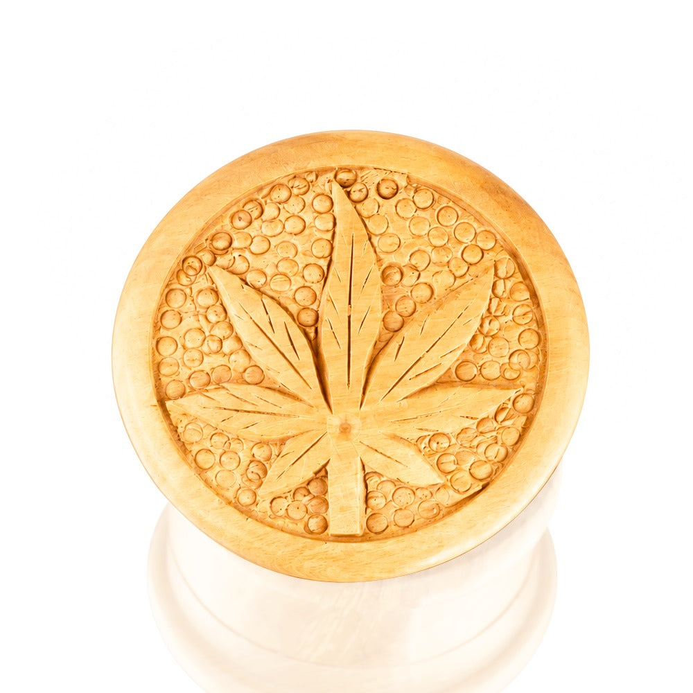 BW Carved Leaf Natural Wooden Hand Grinder Top View