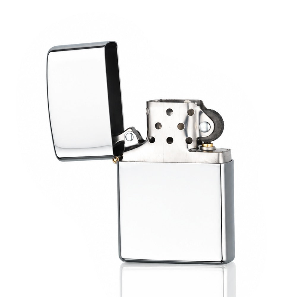 Silver chrome and copper refillable flip-top petrol lighter, lid open angled view | Bong Warehouse