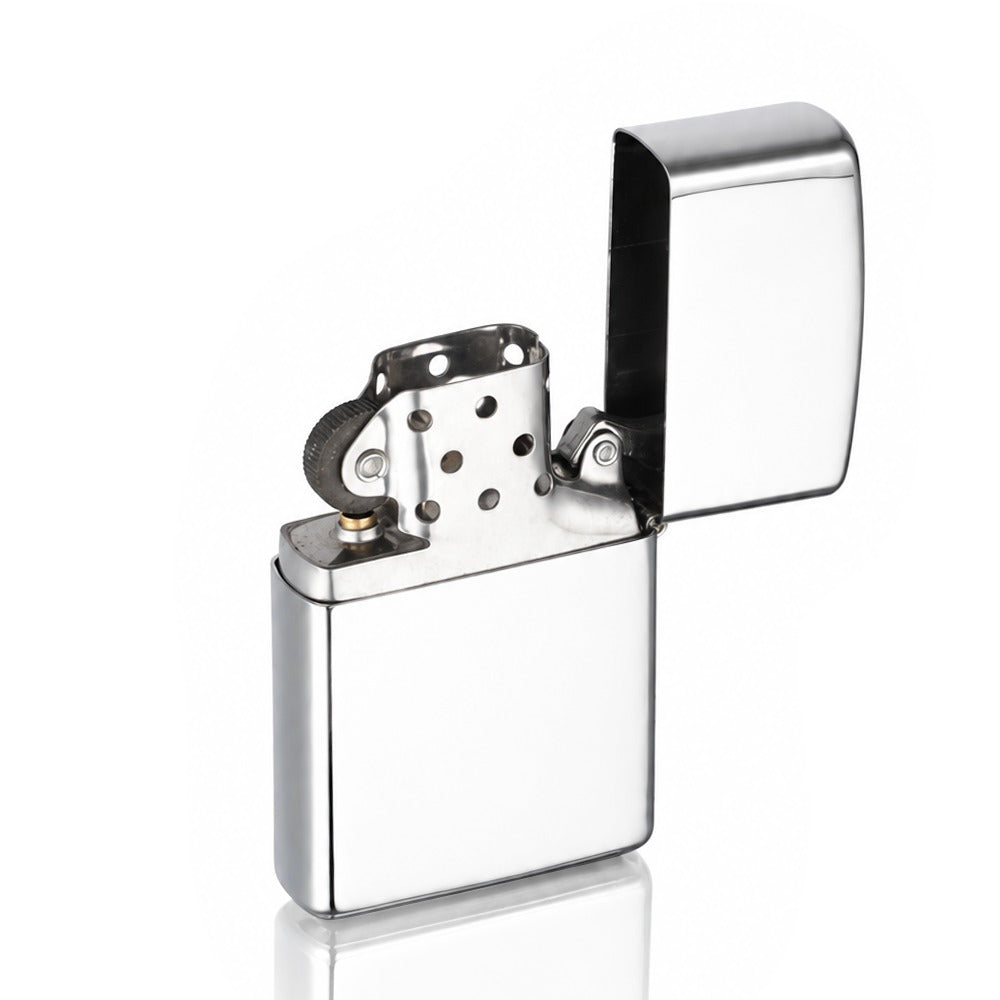 Silver chrome and copper windproof flip-top petrol lighter, open angled view | Bong Warehouse