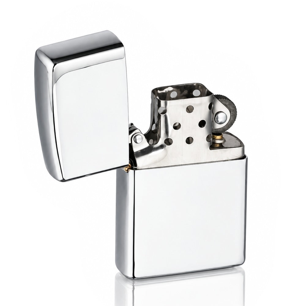 Silver chrome flip-top petrol lighter with lid open showing copper insert, angled view | Bong Warehouse