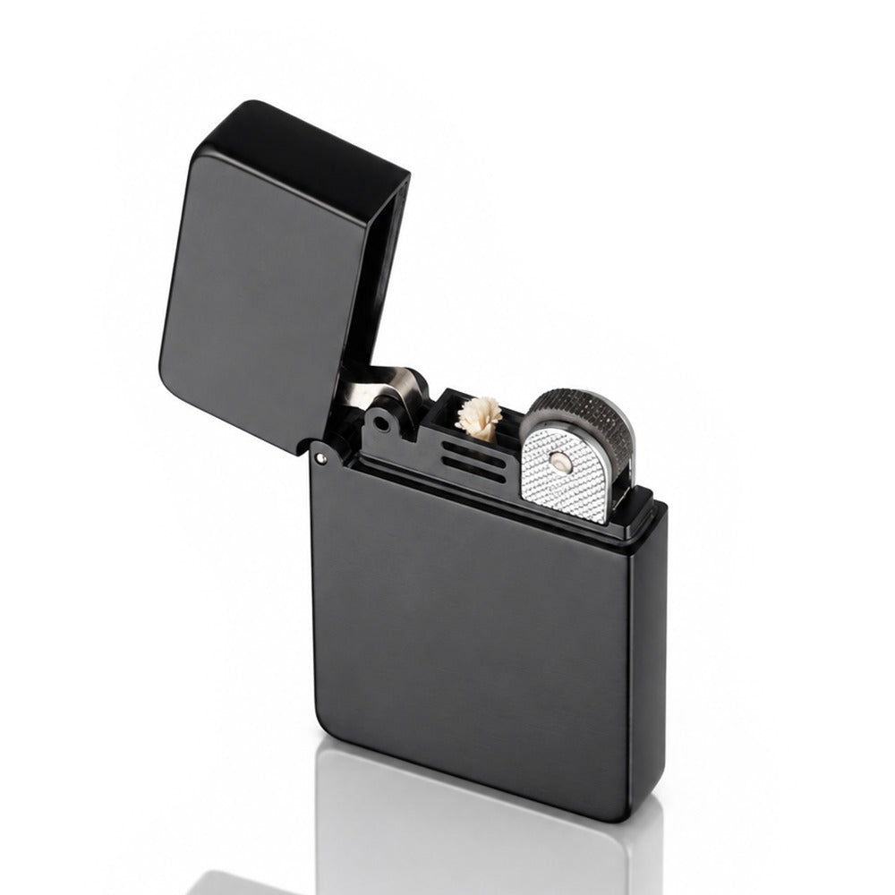 Black classic brushed windproof flip-top petrol lighter with lid open, angled view | Bong Warehouse