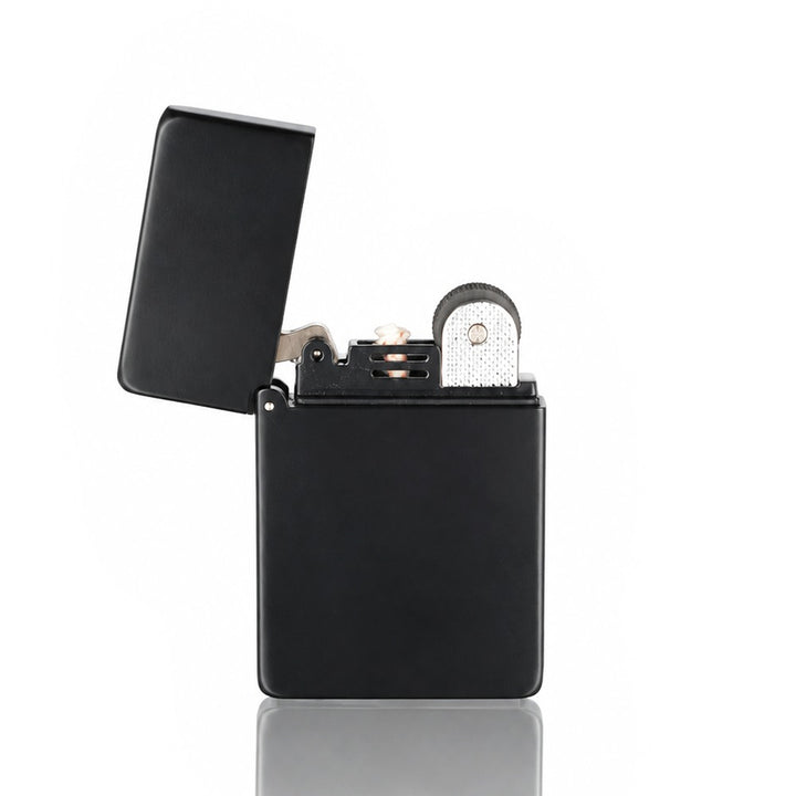 Close-up of the wick on a black brushed flip-top petrol lighter with lid open | Bong Warehouse