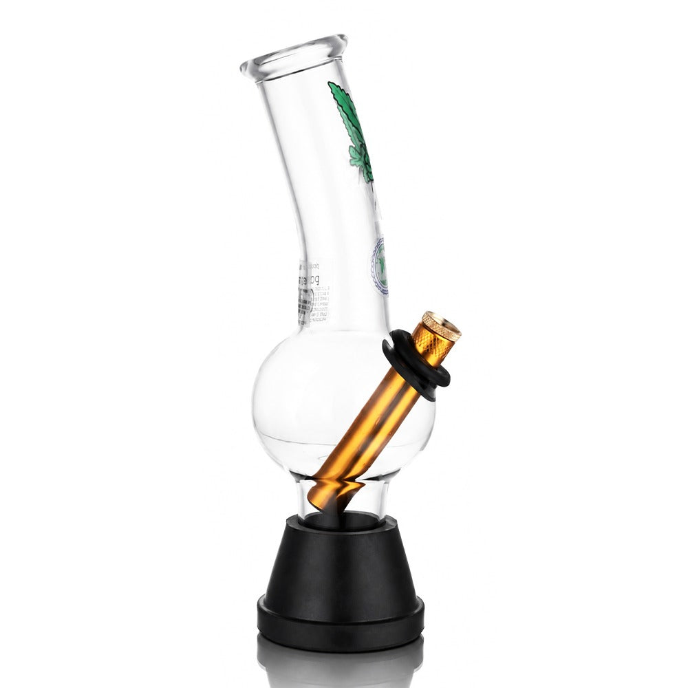 BW Clear Bubble Cone Base Glass Bong Gold Downstem Leaf Decal Angle View