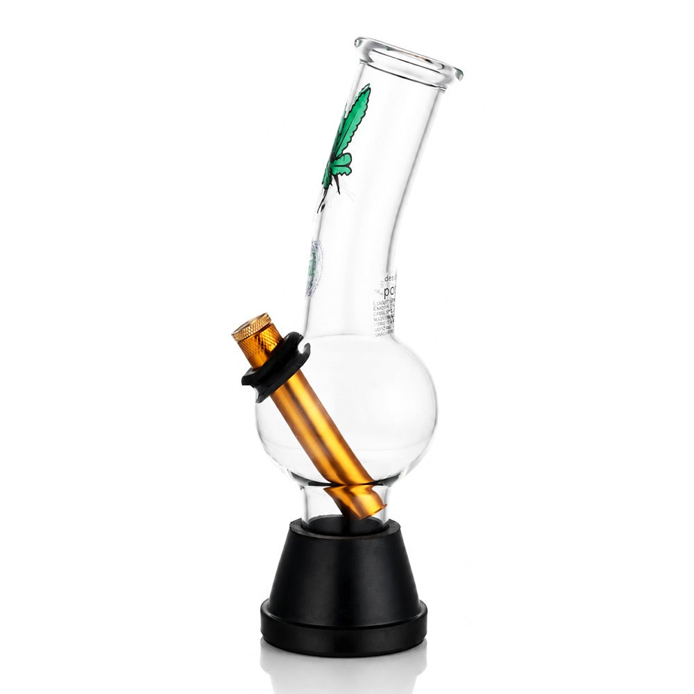 BW Clear Bubble Cone Base Glass Bong Gold Downstem Leaf Decal Side Angle View