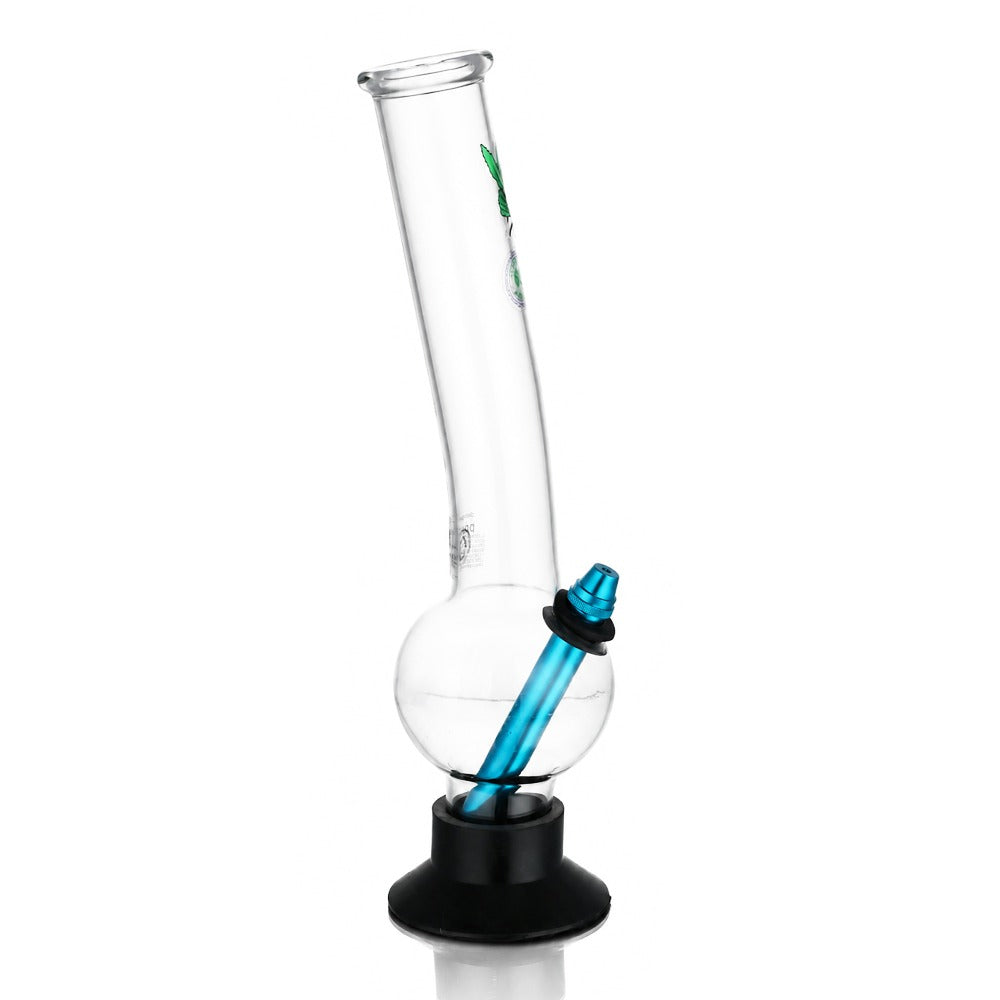 BW Clear Bubble Glass Bong Blue Downstem Leaf Decal Side Angle View