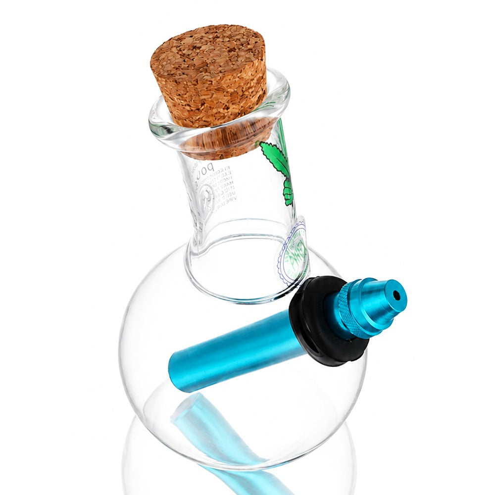 BW Clear Cork Top Bubble Glass Bong Blue Downstem Leaf Decal Angle View 02