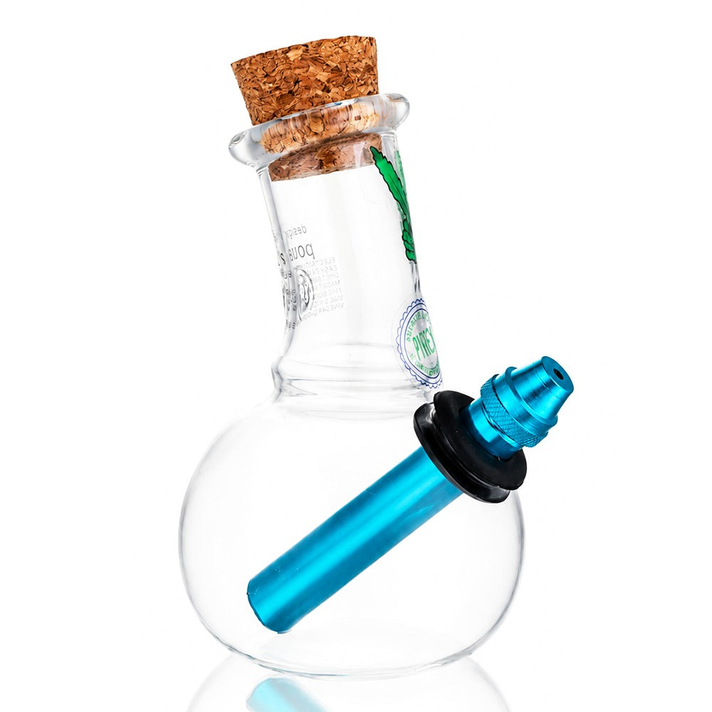 BW Clear Cork Top Bubble Glass Bong Blue Downstem Leaf Decal Angle View