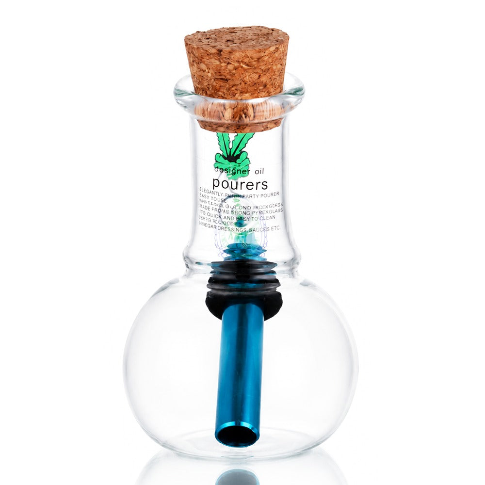 BW Clear Cork Top Bubble Glass Bong Blue Downstem Leaf Decal Front Angle View