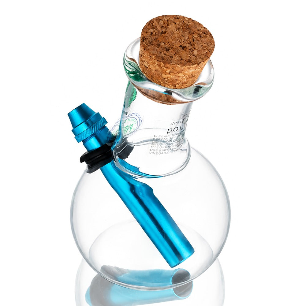 BW Clear Cork Top Bubble Glass Bong Blue Downstem Leaf Decal Side Angle View 03