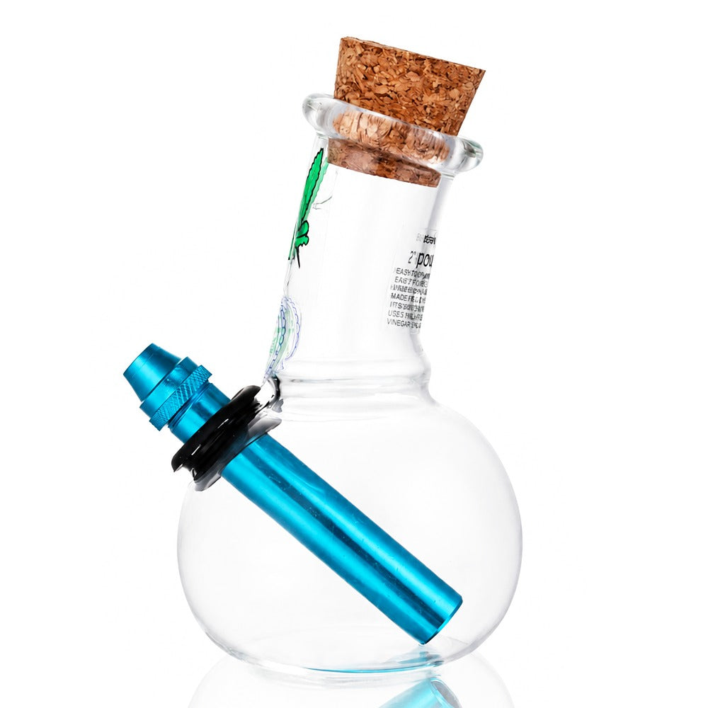 BW Clear Cork Top Bubble Glass Bong Blue Downstem Leaf Decal Side Angle View 04