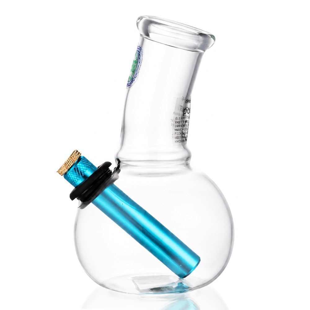 BW Clear Cork Top Bubble Glass Bong Blue Downstem Leaf Decal Side Angle View