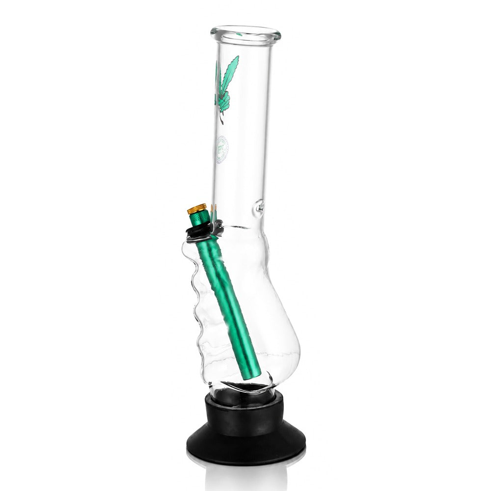 BW Clear Gripper Glass Bong with Green Downstem and Leaf Decal - Angle View