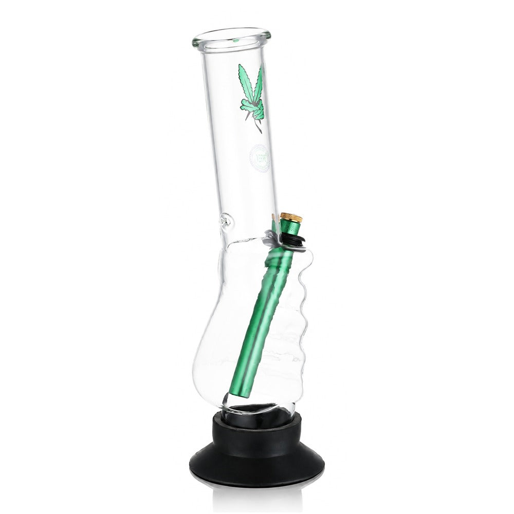 BW Clear Gripper Glass Bong Green Downstem Leaf Decal Side Angle View