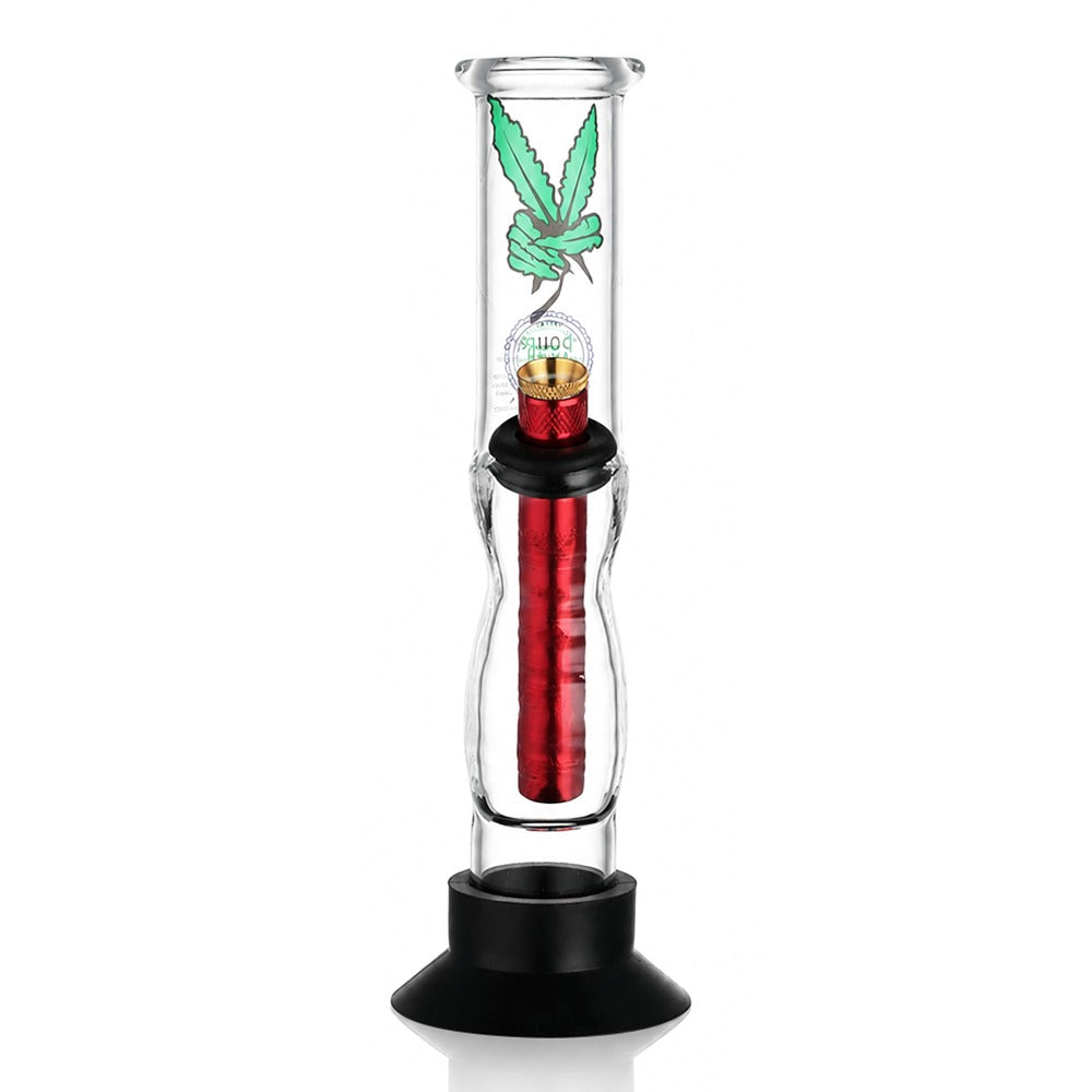 BW Clear Gripper Glass Bong Red Downstem Leaf Decal Front View