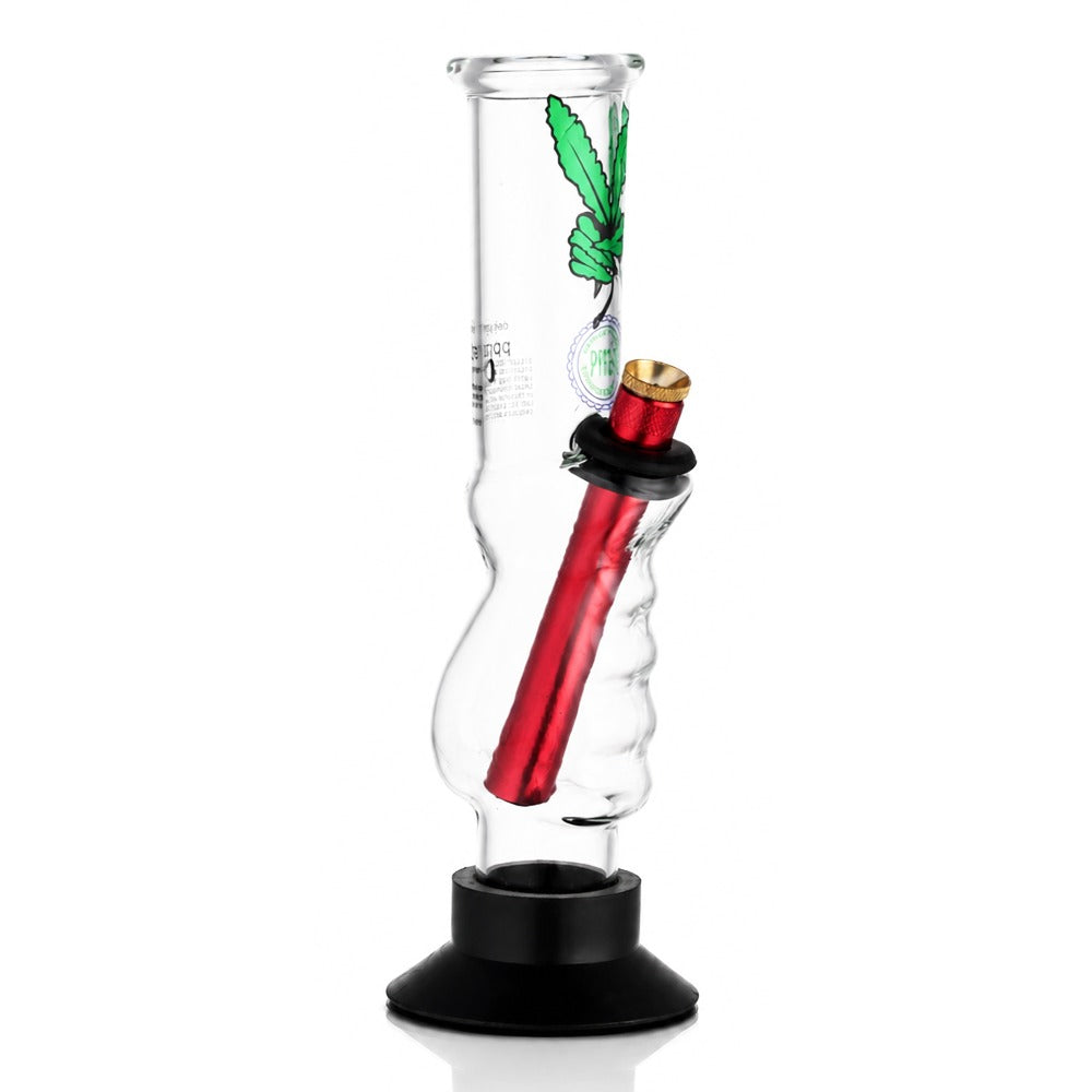 BW Clear Gripper Glass Bong Red Downstem Leaf Decal Side Angle View
