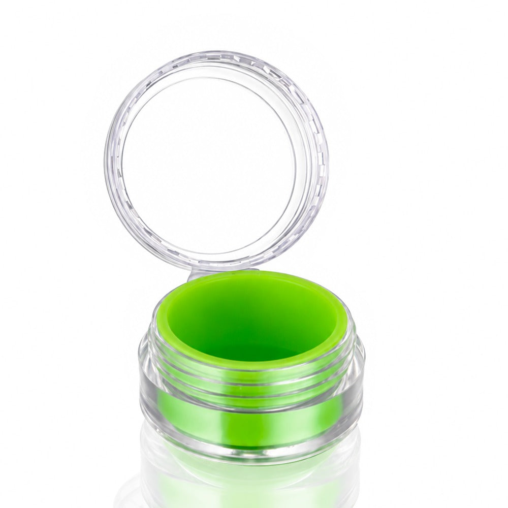 Clear Screw Top Dab Wax Container with Green Silicone Insert – Open Front View | Bong Warehouse