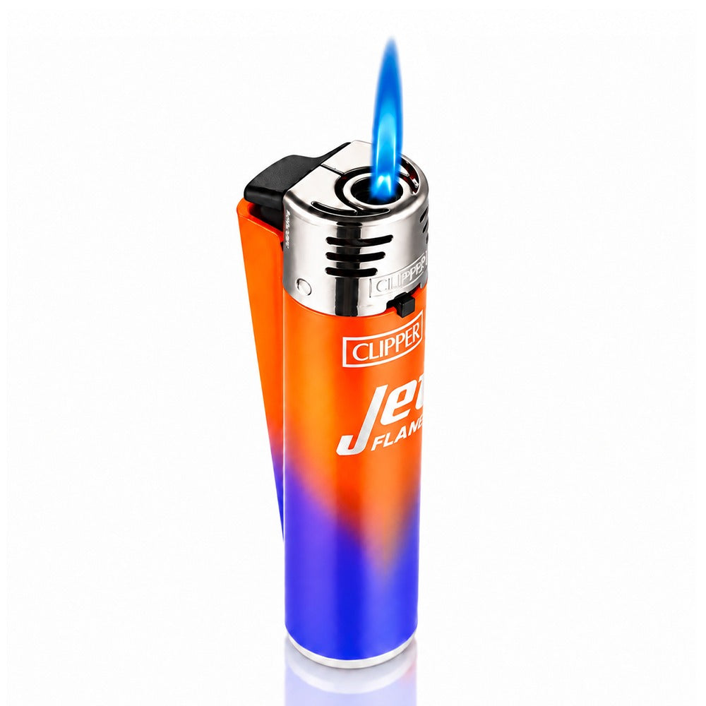 BW Clipper Jet Flame Lighter Large Orange Purple Gradient Front View With Flame