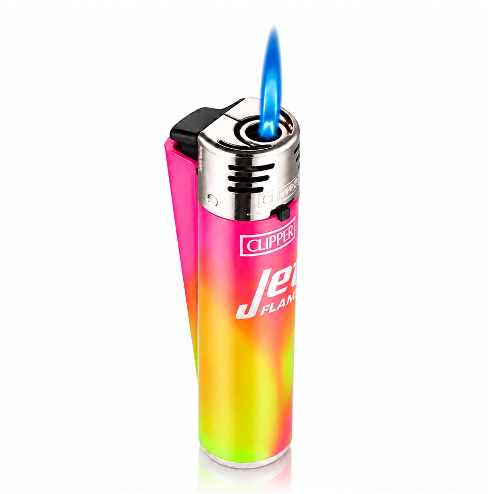BW Clipper Jet Flame Lighter Large Pink Rainbow Gradient Front View With Flame