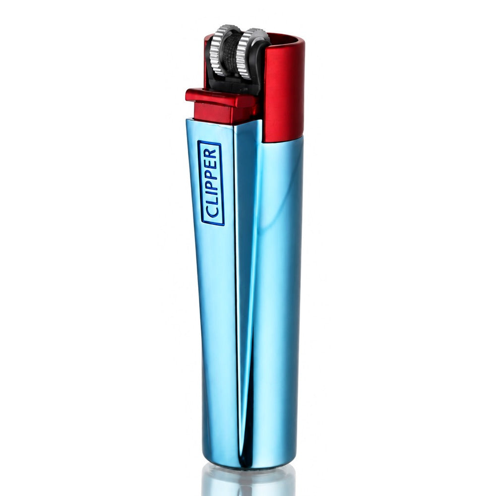 Clipper Large Metal Refillable Lighter - Blue/Red - Angle View - Bong Warehouse