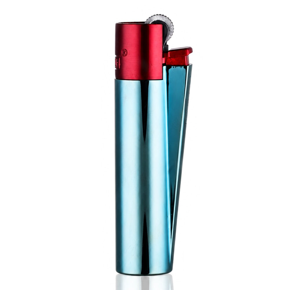 Clipper Large Metal Refillable Lighter - Blue/Red - Side Angle View - Bong Warehouse
