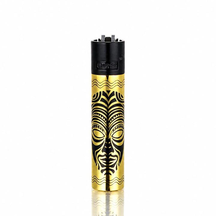 Gold Metal Clipper Totems lighter front view with engraved tribal mask design