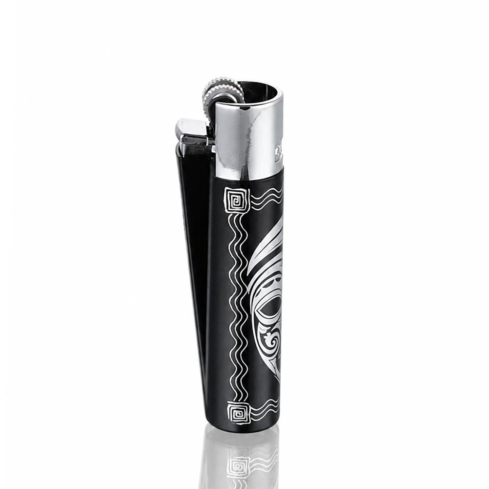 Front View of Black Metal Clipper Totems lighter with engraved tribal mask design