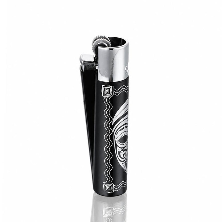 Front View of Black Metal Clipper Totems lighter with engraved tribal mask design