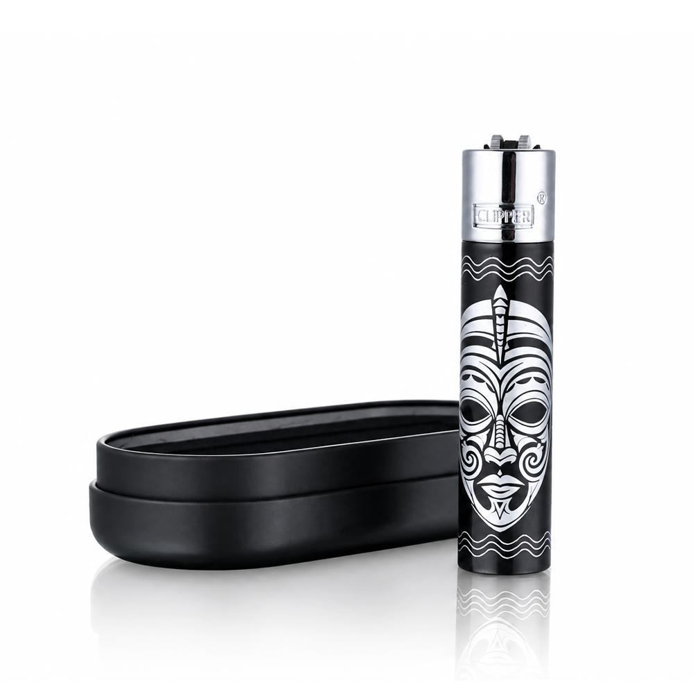 Bong Warehouse Black Metal Clipper Totems metal lighter with engraved tribal mask design with black Clipper case